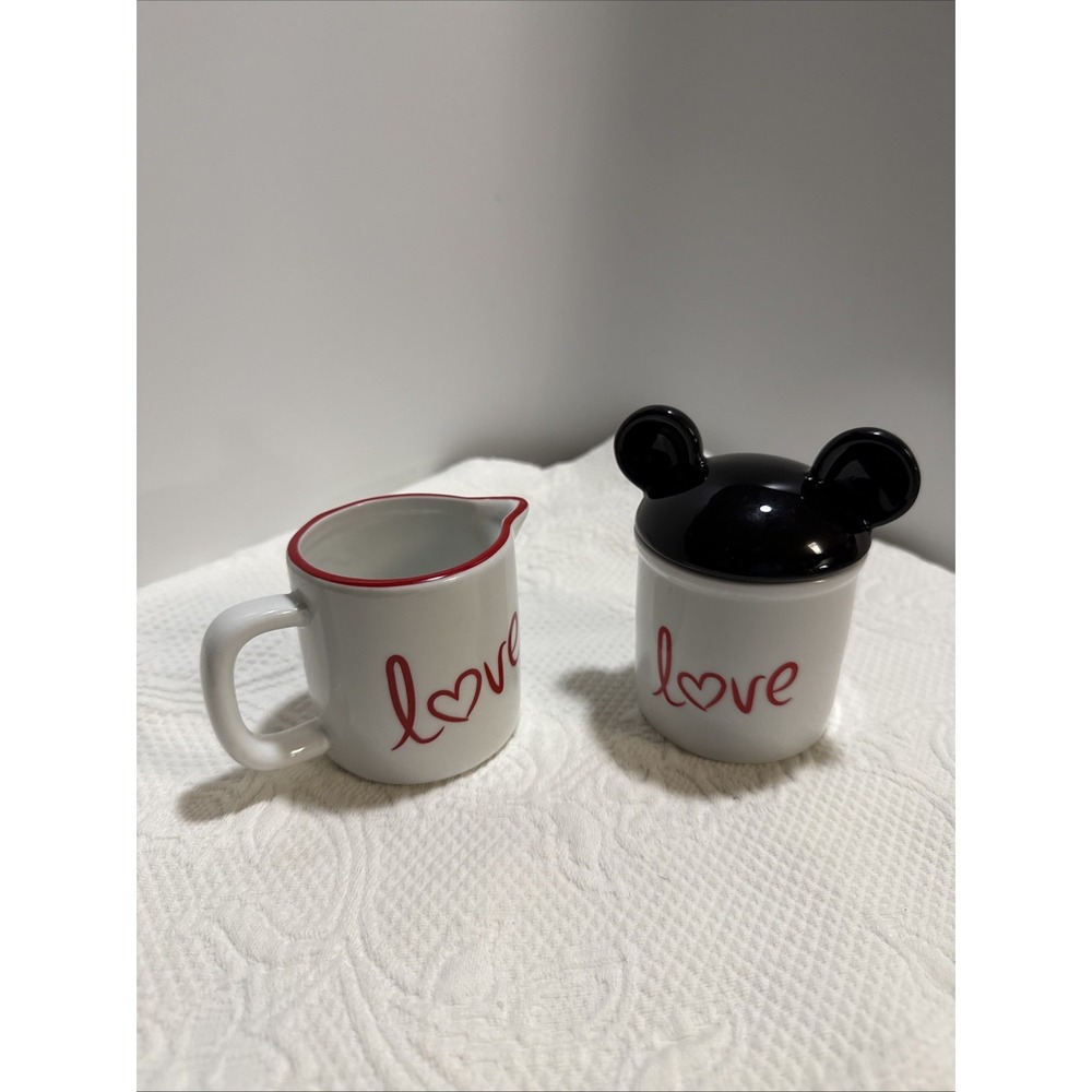Disney Mickey Minnie Mouse Love Sugar Bowl Creamer Set Hearts Mickey Ears Lid